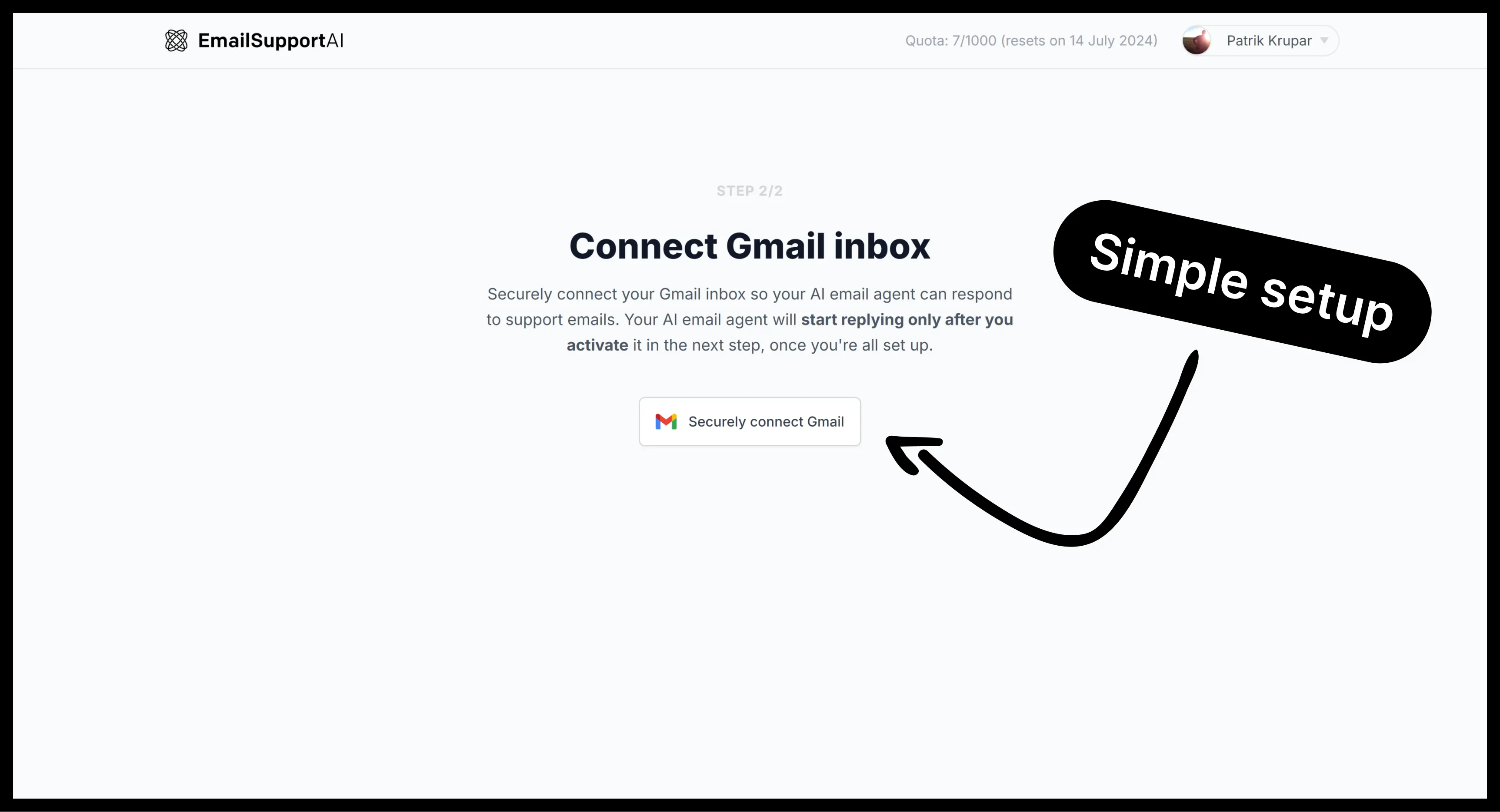 Connect Gmail inbox in EmailSupportAI dashboard