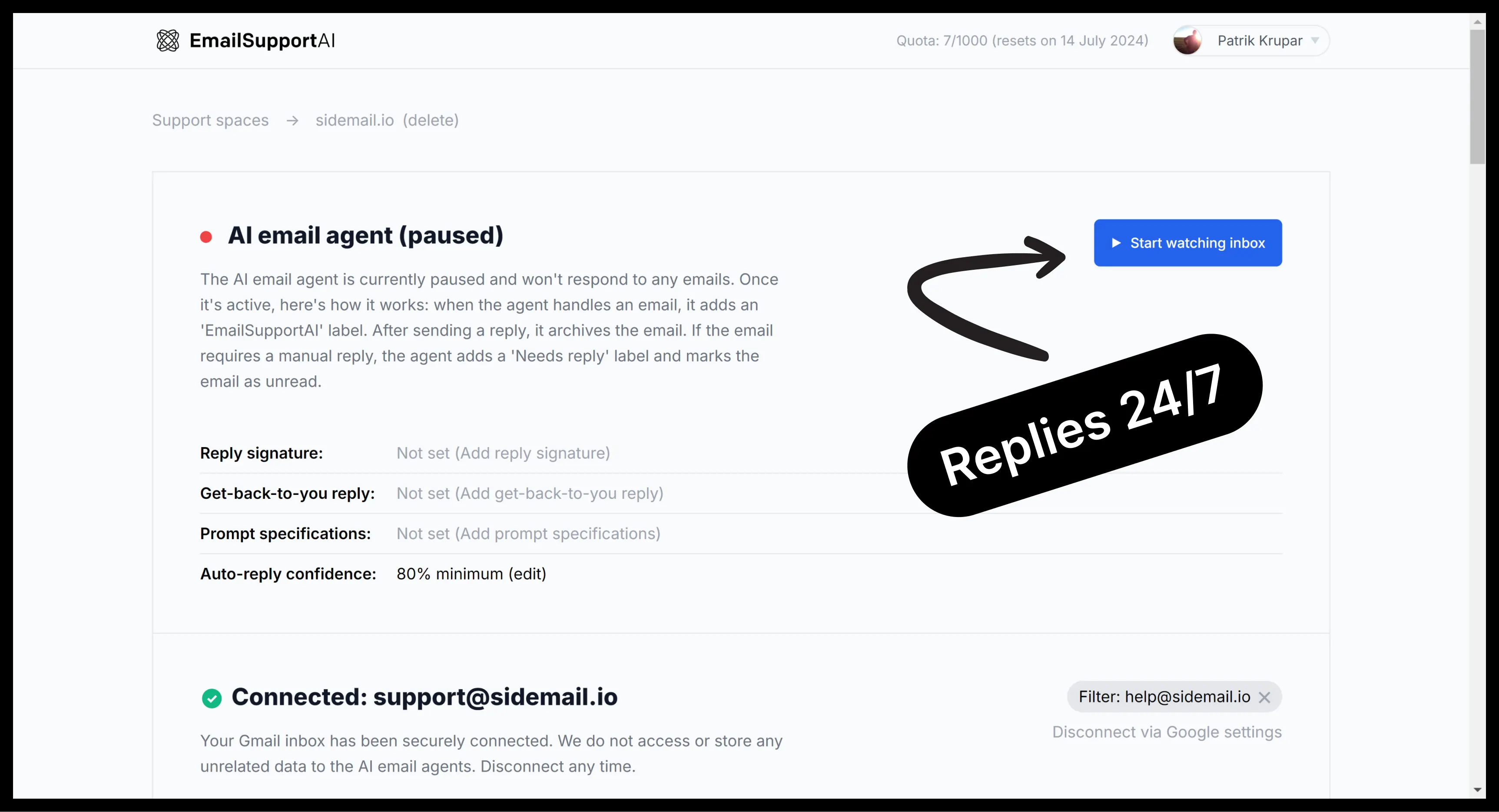 Activate AI support agent in EmailSupportAI dashboard